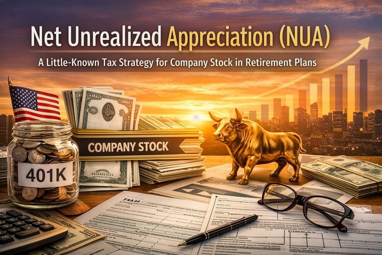 Net Unrealized Appreciation (NUA) concept with 401k jar, stacks of company stock, gold bull, U.S. flag, tax forms, and rising bar graph, illustrating a little-known tax strategy for retirement plan company stock.