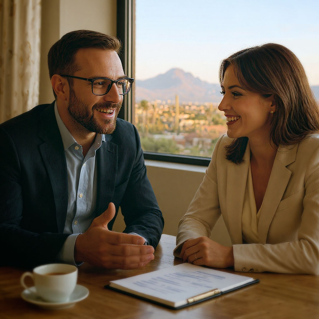A man and a woman share a friendly, professional meeting, smiling as they talk against the backdrop of a stunning desert landscape bathed in warm sunlight.