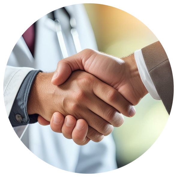 A handshake between a male doctor and a male patient, who is wearing a brown suit.