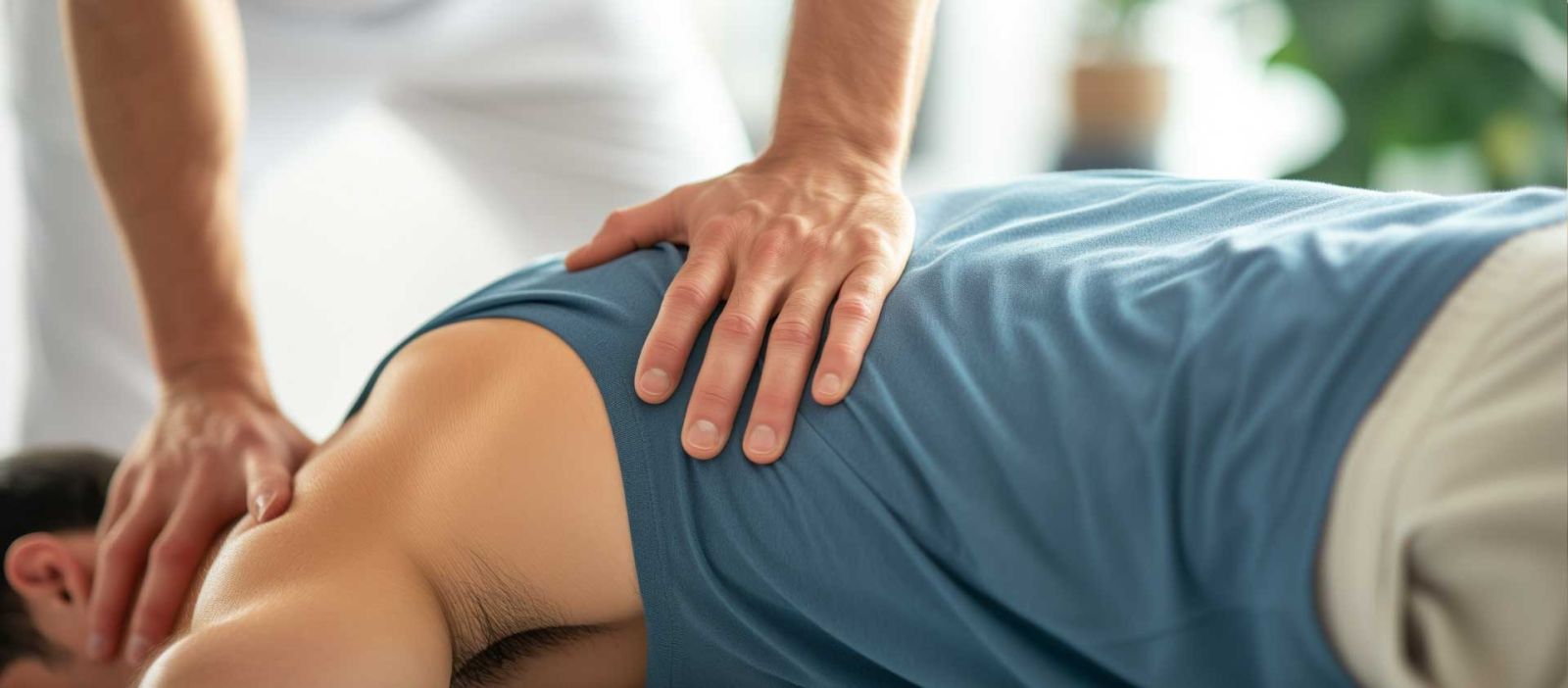 A chiropractor placing their hands on a patient's back and neck.