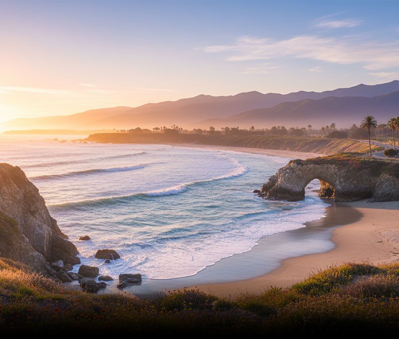 Vibrant seascape capturing the exceptional beauty of a sunlit California beach, shimmering ocean waves, and dramatic coastal cliffs.
